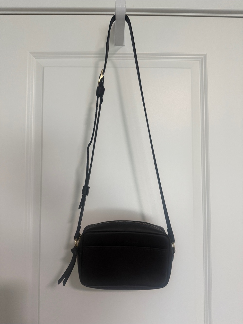 Portland Leather Black Crossbody Camera Bag with Gold Hardware